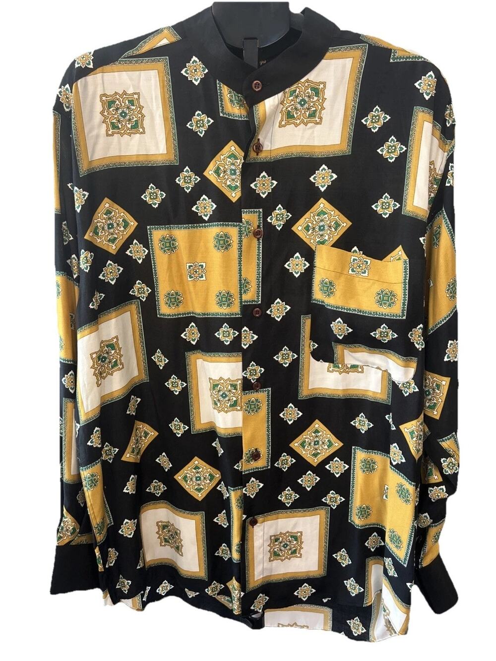 Masala Uomo Men’s Sz XL Black Geometric Shirt Mandarin Collar Made in Italy